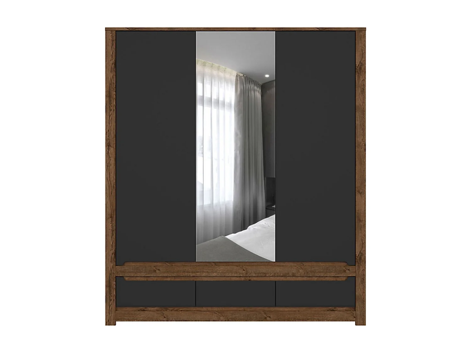 Armoire à 3 portes avec miroir et 3 tiroirs, coloris Chêne foncé/Noir mat - Longueur 178,5 x Profondeur 60,5 x Hauteur 204,5cm