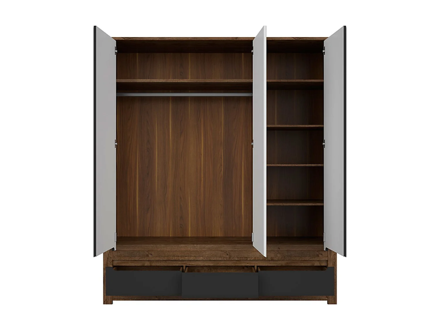 Armoire à 3 portes avec miroir et 3 tiroirs, coloris Chêne foncé/Noir mat - Longueur 178,5 x Profondeur 60,5 x Hauteur 204,5cm