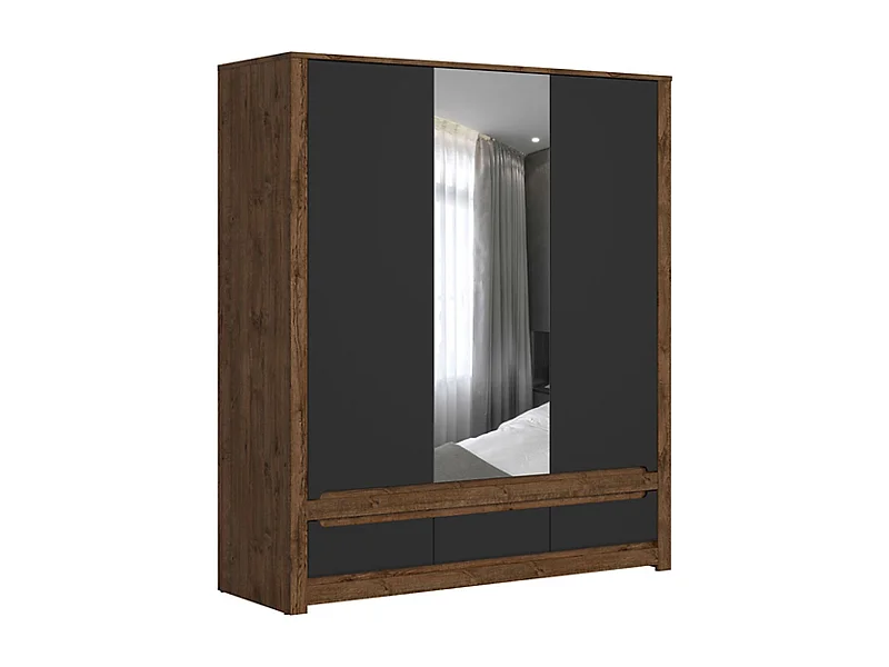 Armoire à 3 portes avec miroir et 3 tiroirs, coloris Chêne foncé/Noir mat - Longueur 178,5 x Profondeur 60,5 x Hauteur 204,5cm