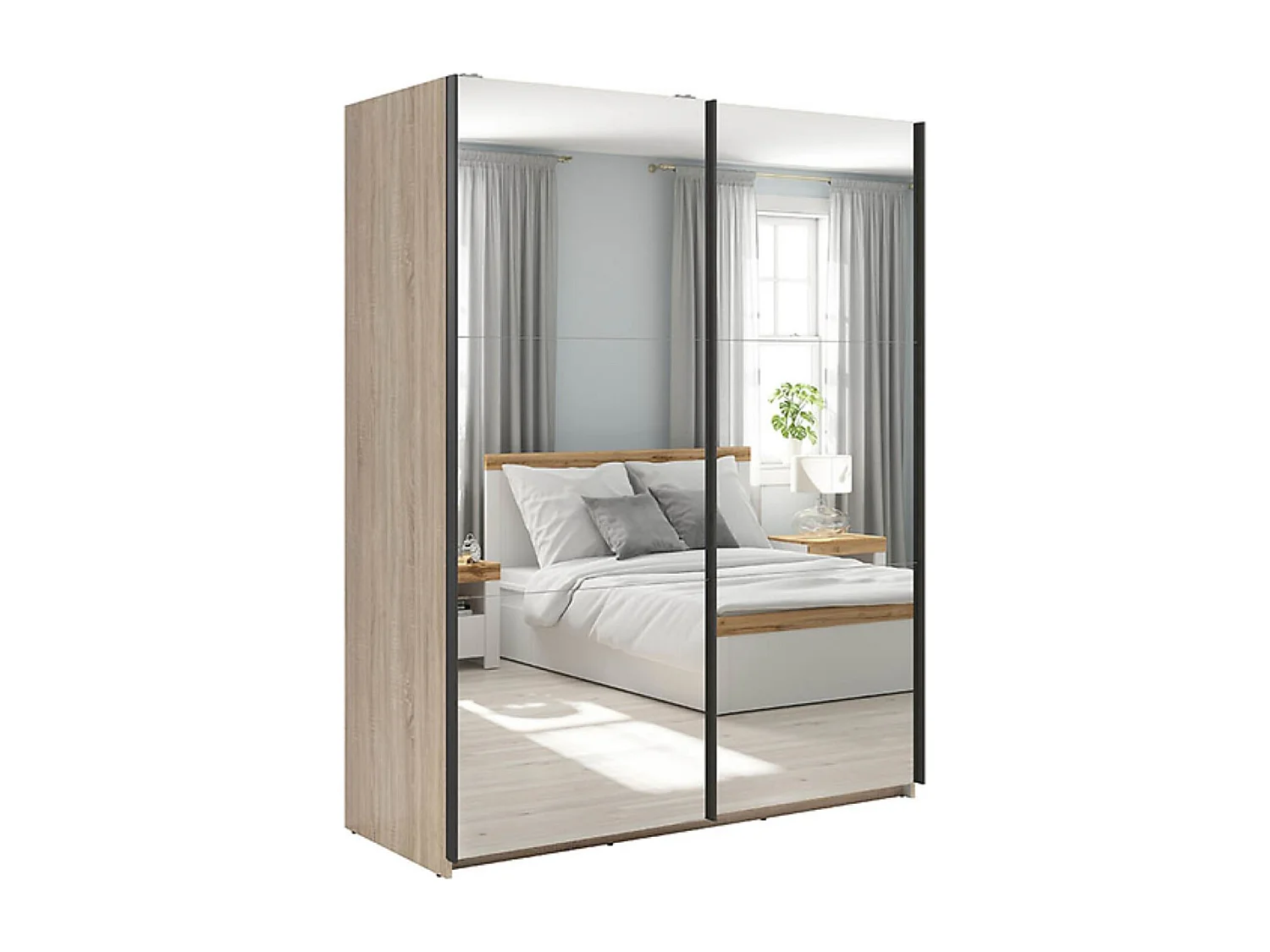 Armoire coulissante Placard avec miroir coloris chêne Sonoma - Longueur 153,5 x Profondeur 60 x Hauteur 195,5 cm