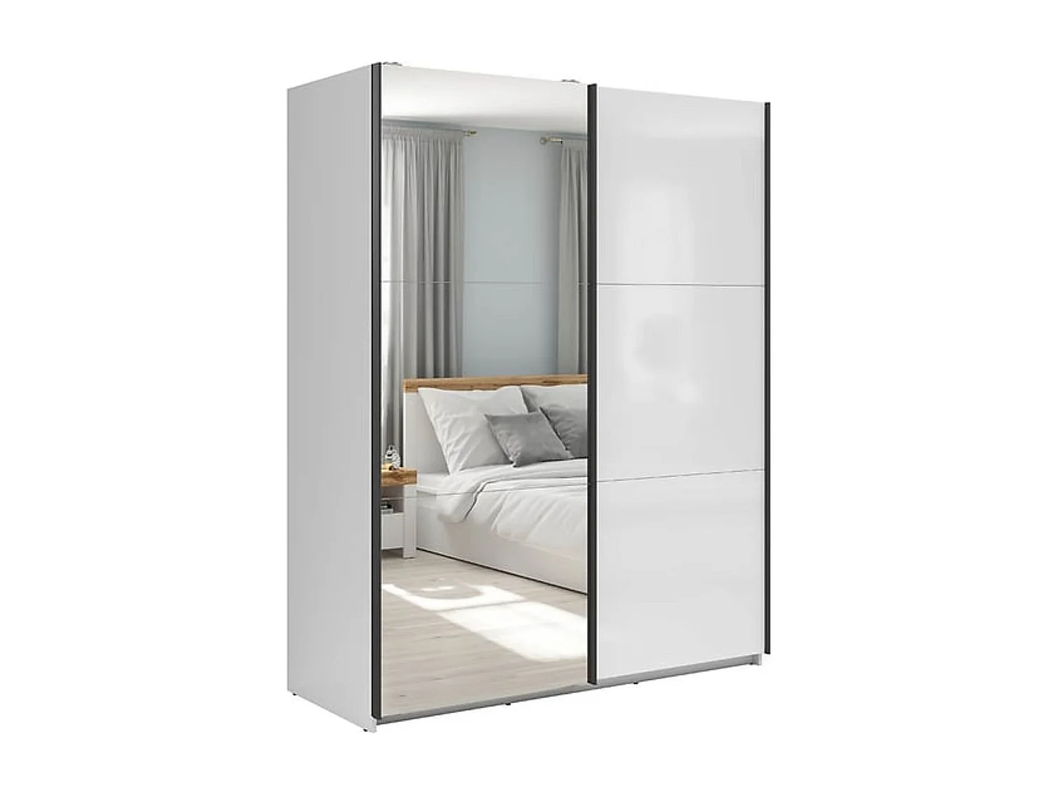 Armoire coulissante avec miroir coloris Blanc brillant - Longueur 153,5 x Profondeur 60 x Hauteur 195,5 cm