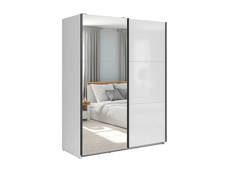 Armoire coulissante avec miroir coloris Blanc brillant - Longueur 153,5 x Profondeur 60 x Hauteur 195,5 cm