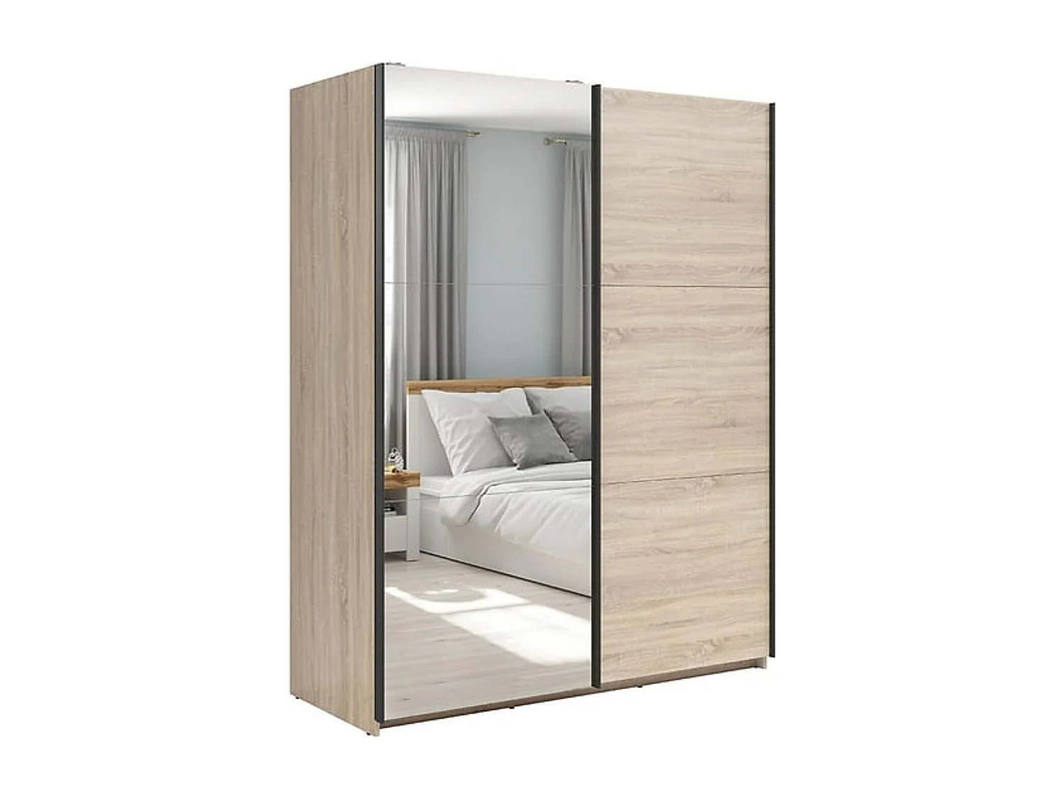 Armoire coulissante avec miroir coloris chêne Sonoma - Longueur 153,5 x Profondeur 60 x Hauteur 195,5 cm