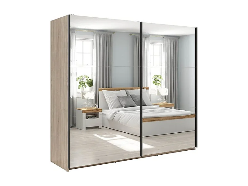 Armoire coulissante Placard avec miroir coloris chêne Sonoma - Longueur 220 x Profondeur 60 x Hauteur 195,5 cm