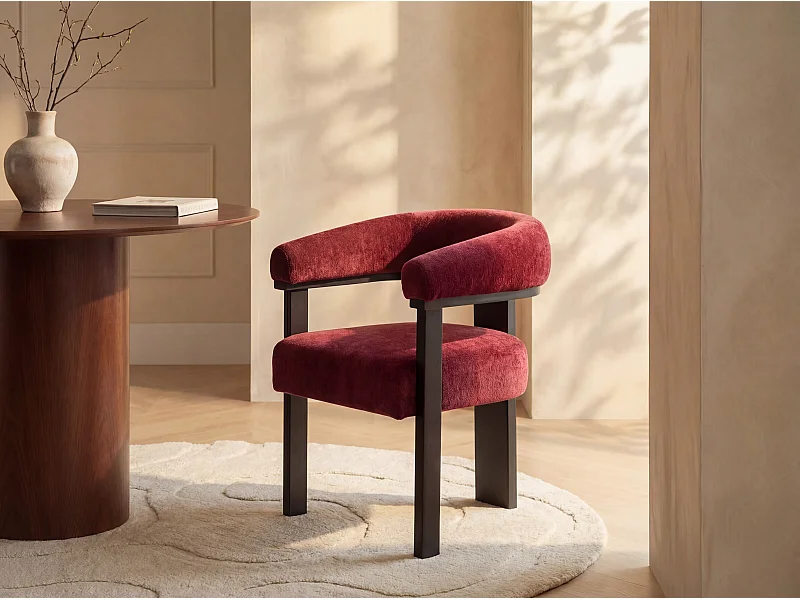 Lot de 6 chaises avec accoudoirs en tissu texturé et bois d'hévéa noir - Bordeaux - LIVELIA