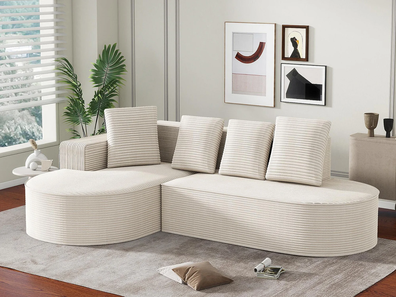 Aurore 2.0 - Hoekbank van Geribbelde Katoen - Extra Dikke Zitting, 4 Kussens - Wolkachtig Comfort Zonder Montage - Ideaal voor de Woonkamer