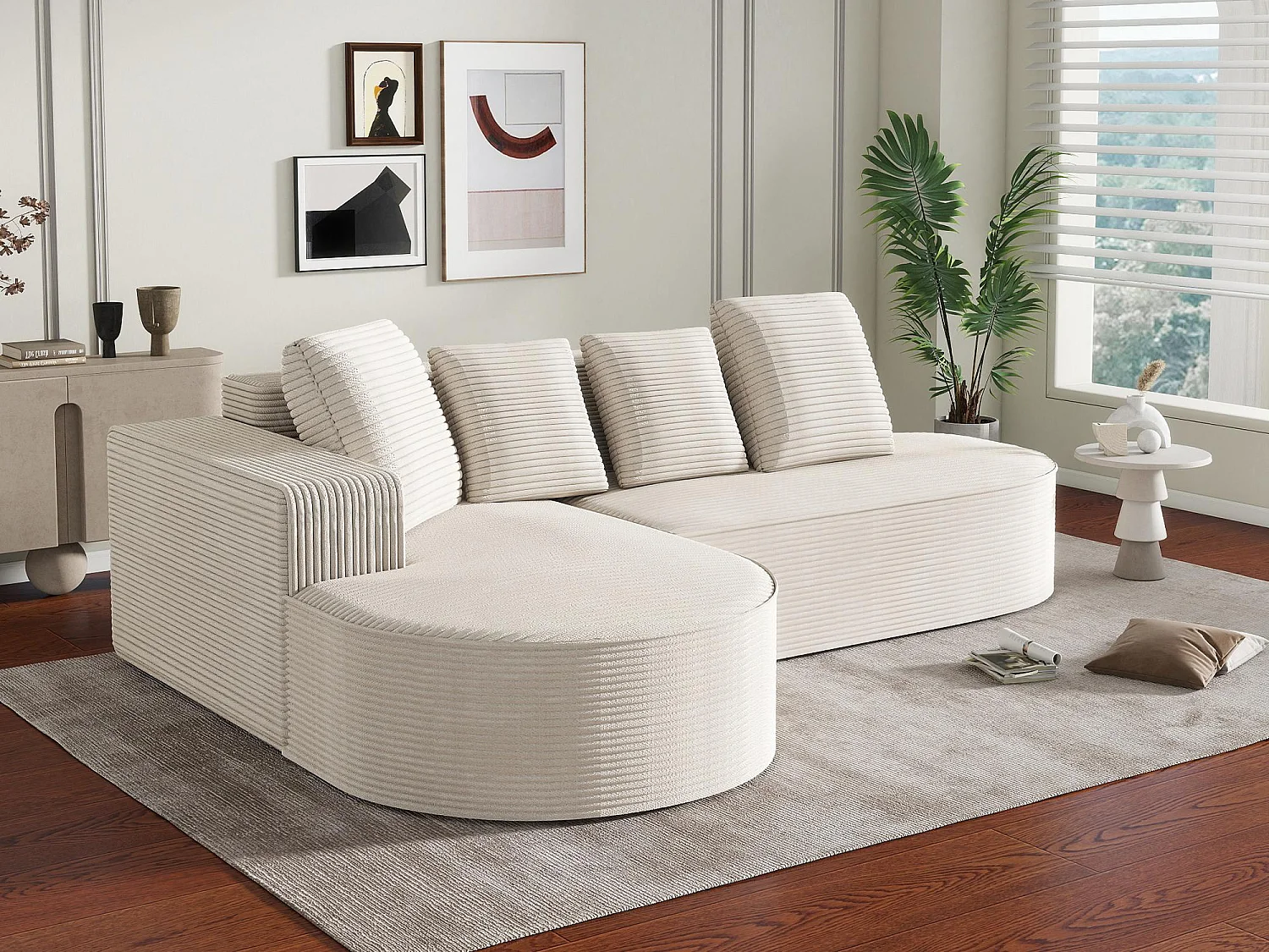 Aurore 2.0 - Hoekbank van Geribbelde Katoen - Extra Dikke Zitting, 4 Kussens - Wolkachtig Comfort Zonder Montage - Ideaal voor de Woonkamer