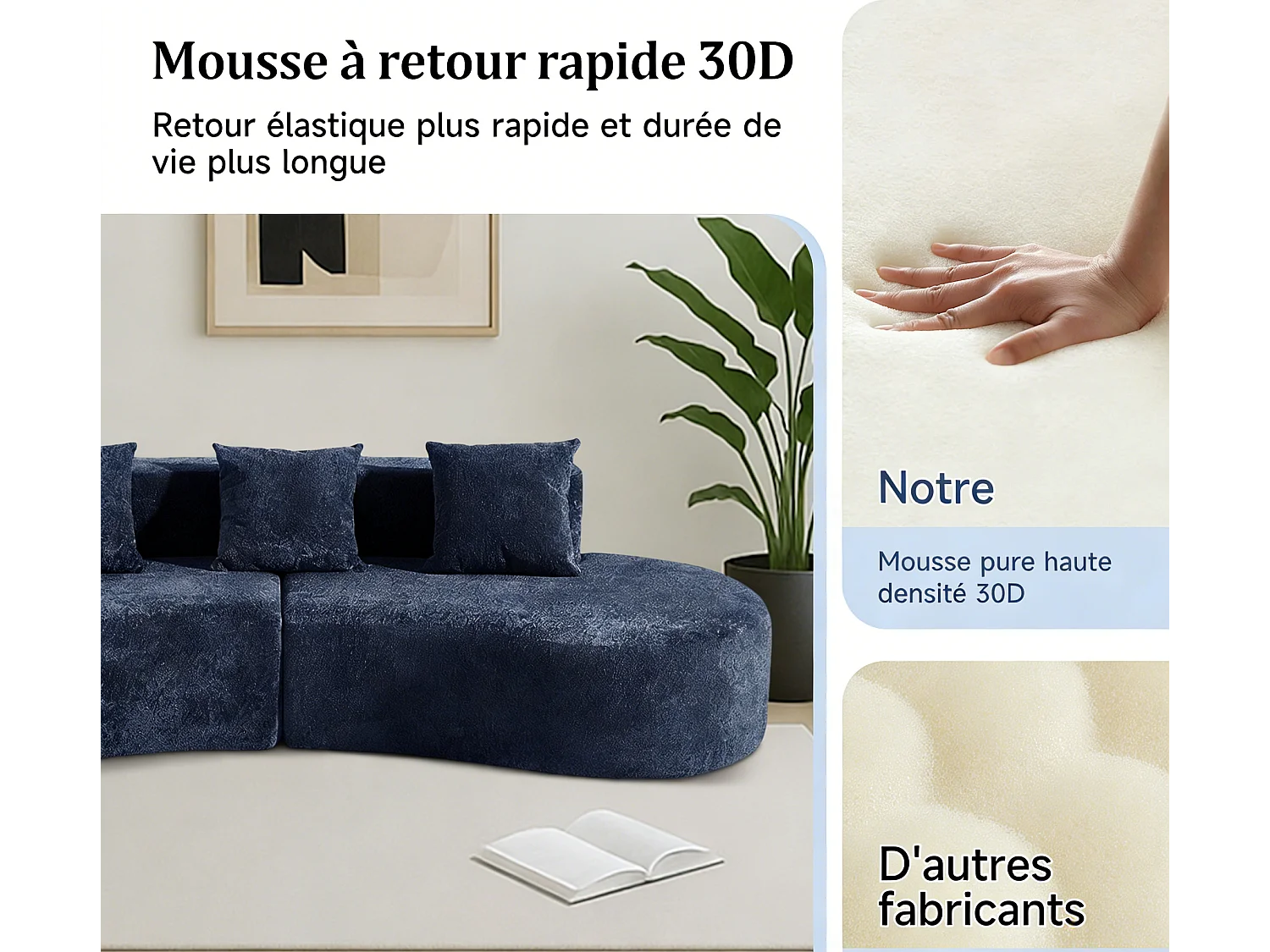 Aurora 1.0 - Canapé 3 places courbe - Velours doux - design arqué - confort moelleux - pour grands salons et espaces de vie