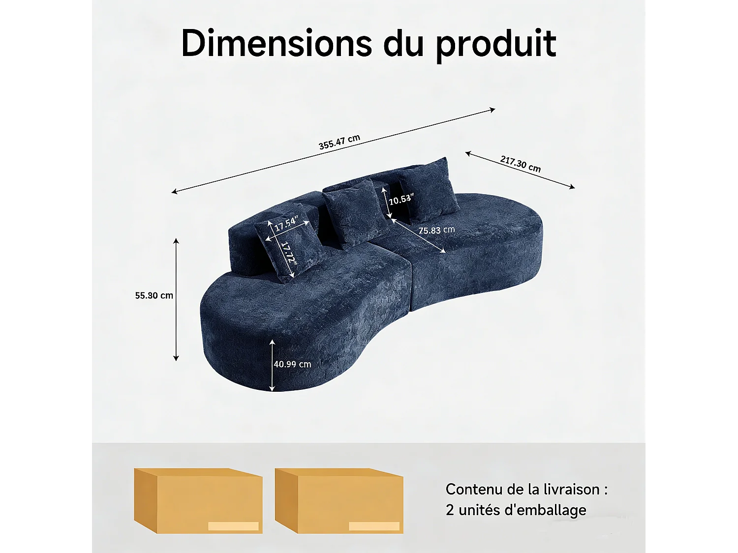 Aurora 1.0 - Canapé 3 places courbe - Velours doux - design arqué - confort moelleux - pour grands salons et espaces de vie