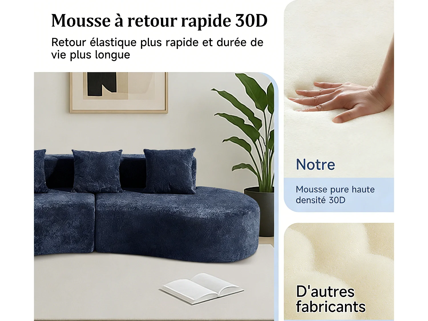 Aurora 1.0 - Canapé 3 places courbe - Velours doux - design arqué - confort moelleux - pour grands salons et espaces de vie