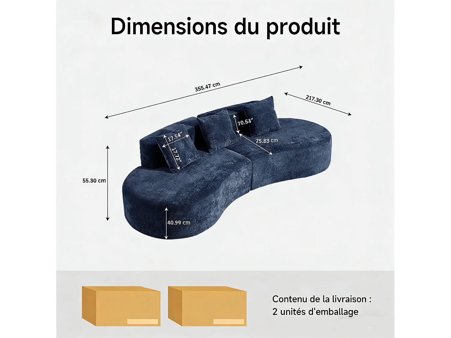 Aurora 1.0 - Canapé 3 places courbe - Velours doux - design arqué - confort moelleux - pour grands salons et espaces de vie