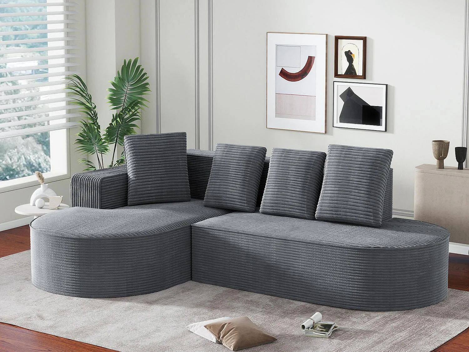 Aurore 2.0 - Hoekbank van Geribbelde Katoen - Extra Dikke Zitting, 4 Kussens - Wolkachtig Comfort Zonder Montage - Ideaal voor de Woonkamer