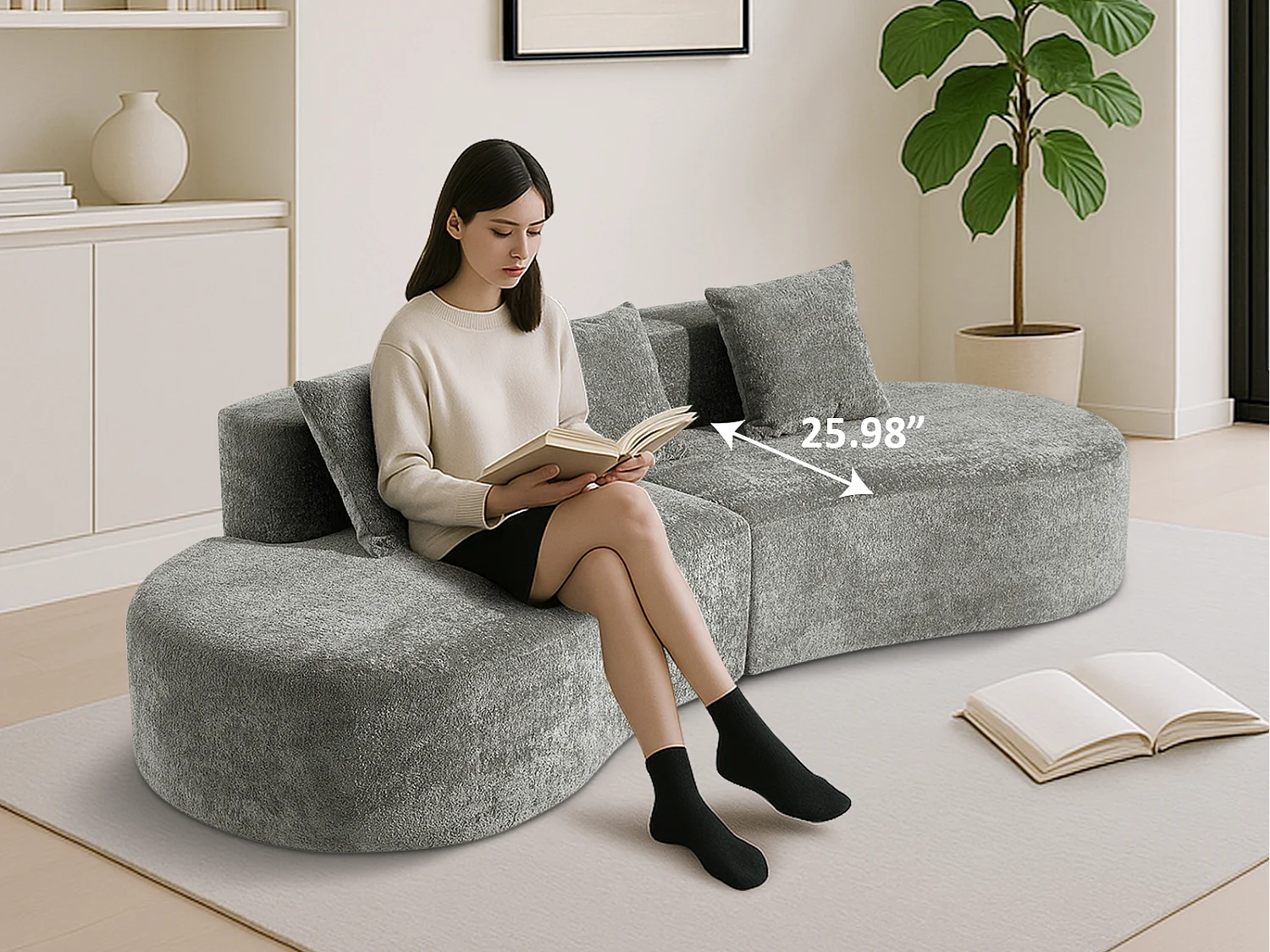 Aurora 1.0 - Canapé 3 places courbe - Velours doux - design arqué - confort moelleux - pour grands salons et espaces de vie