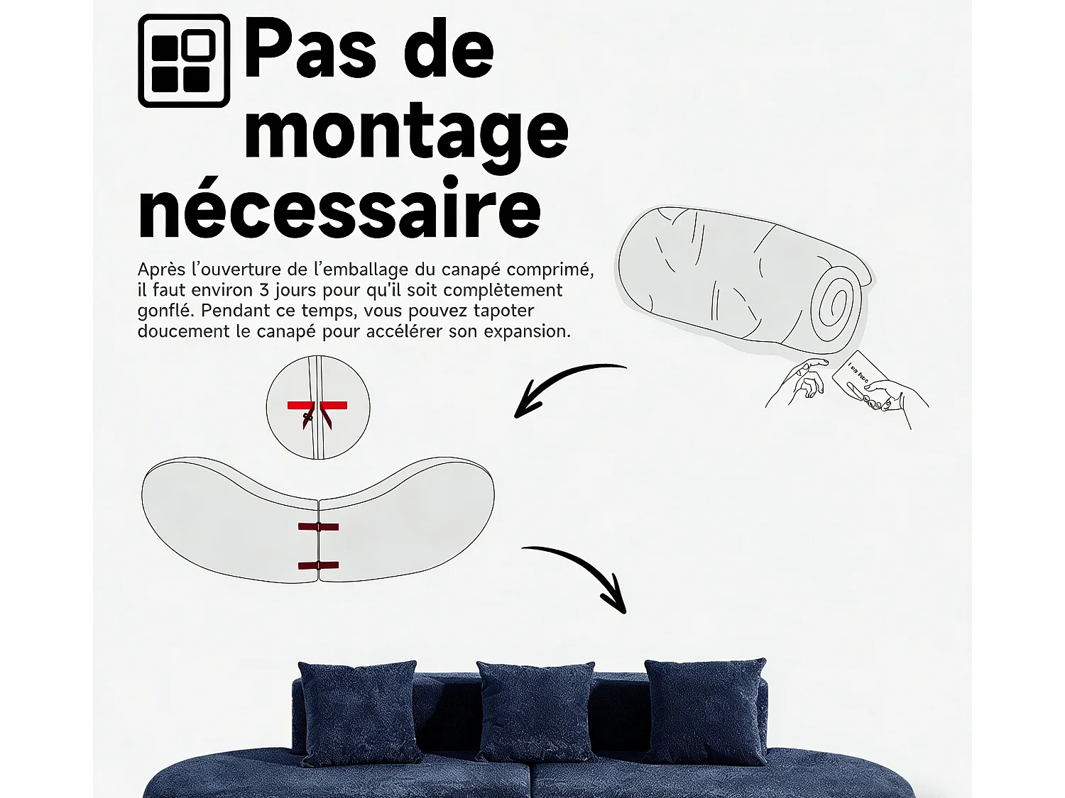 Aurora 1.0 - Canapé 3 places courbe - Velours doux - design arqué - confort moelleux - pour grands salons et espaces de vie