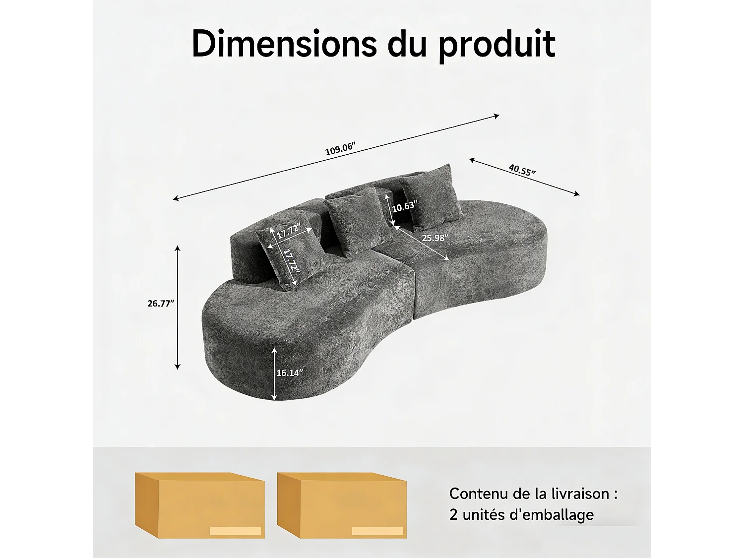 Aurora 1.0 - Canapé 3 places courbe - Velours doux - design arqué - confort moelleux - pour grands salons et espaces de vie