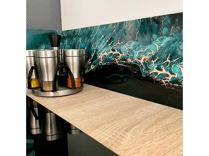 Crédence cuisine en aluminium - effet marbre bleu - 240x50 cm (en 2 bandeaux)