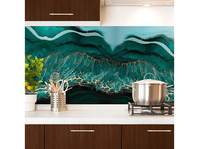 Crédence cuisine en aluminium - effet marbre bleu - 240x50 cm (en 2 bandeaux)