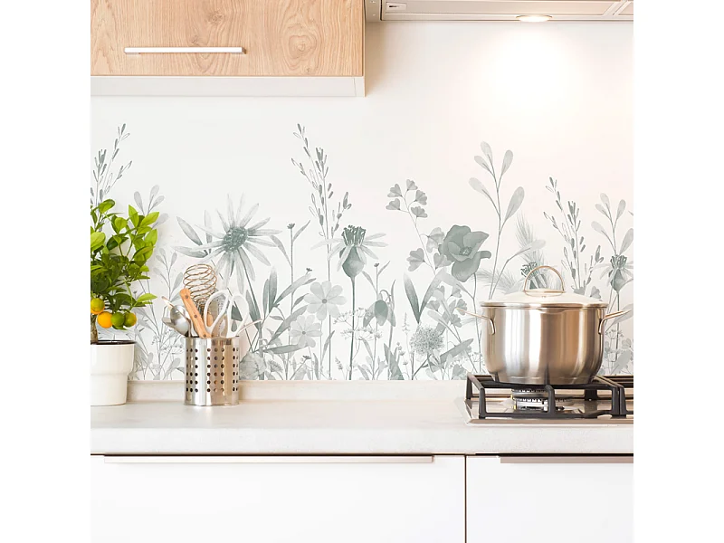 Crédence cuisine en aluminium - motif floral vert - 240x50 cm (en 2 bandeaux)