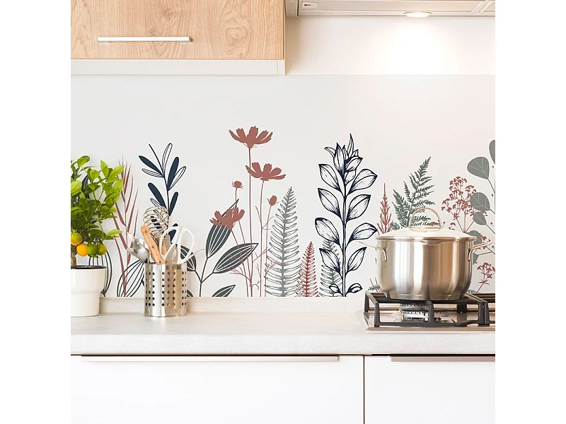 Crédence cuisine en aluminium - floral bleu profond et vert - 360x50 cm (en 3 bandeaux)