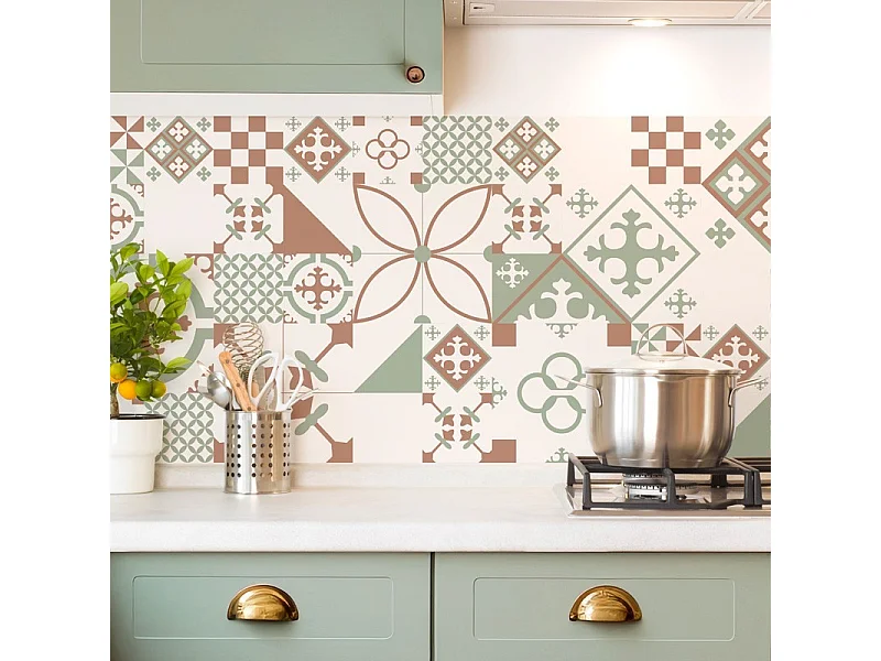 Crédence cuisine en aluminium - effet carreaux de ciment vert terracotta - 240x50 cm (en 2 bandeaux)