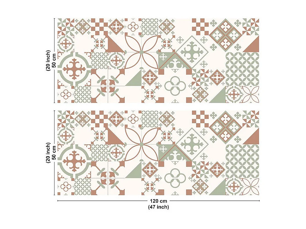 Crédence cuisine en aluminium - effet carreaux de ciment vert terracotta - 240x50 cm (en 2 bandeaux)