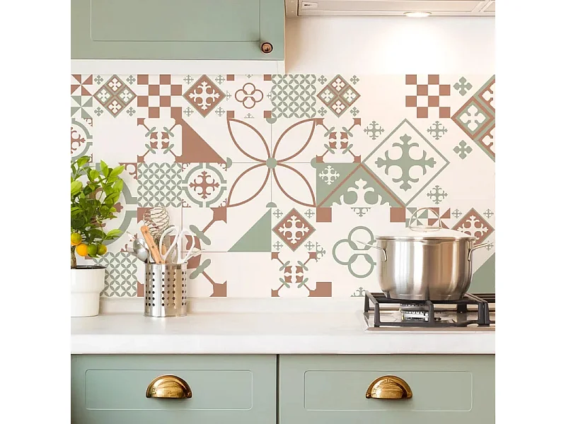 Crédence cuisine en aluminium - effet carreaux de ciment vert terracotta - 240x50 cm (en 2 bandeaux)