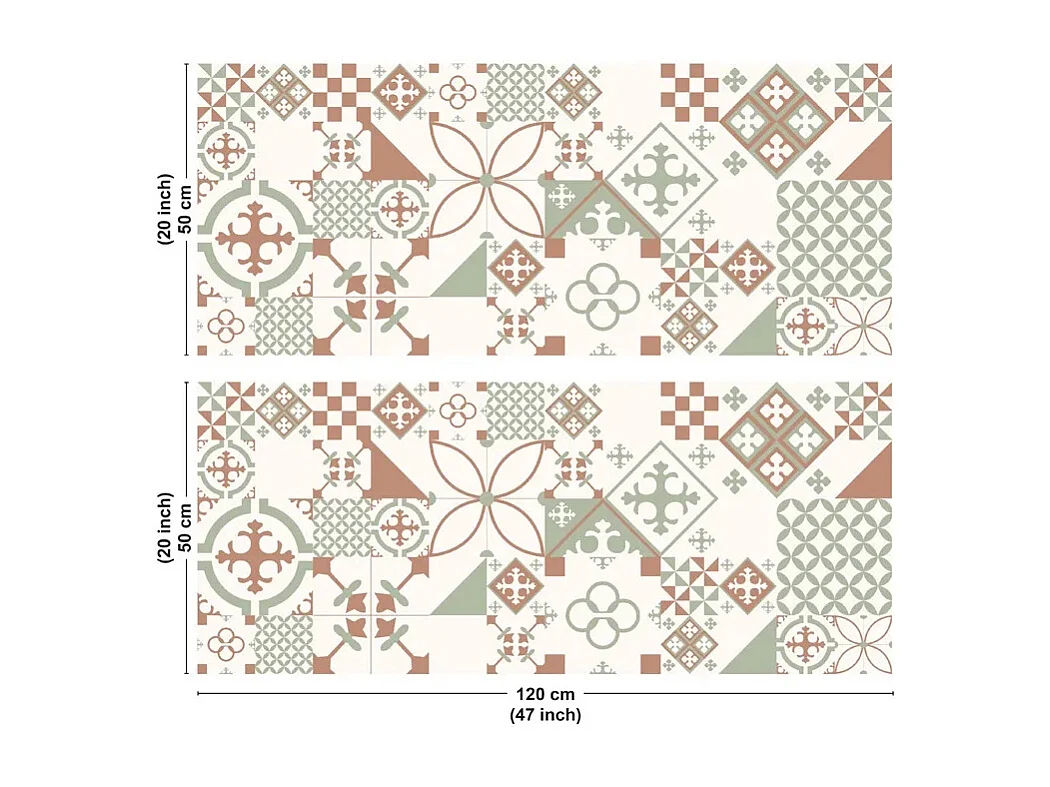 Crédence cuisine en aluminium - effet carreaux de ciment vert terracotta - 240x50 cm (en 2 bandeaux)