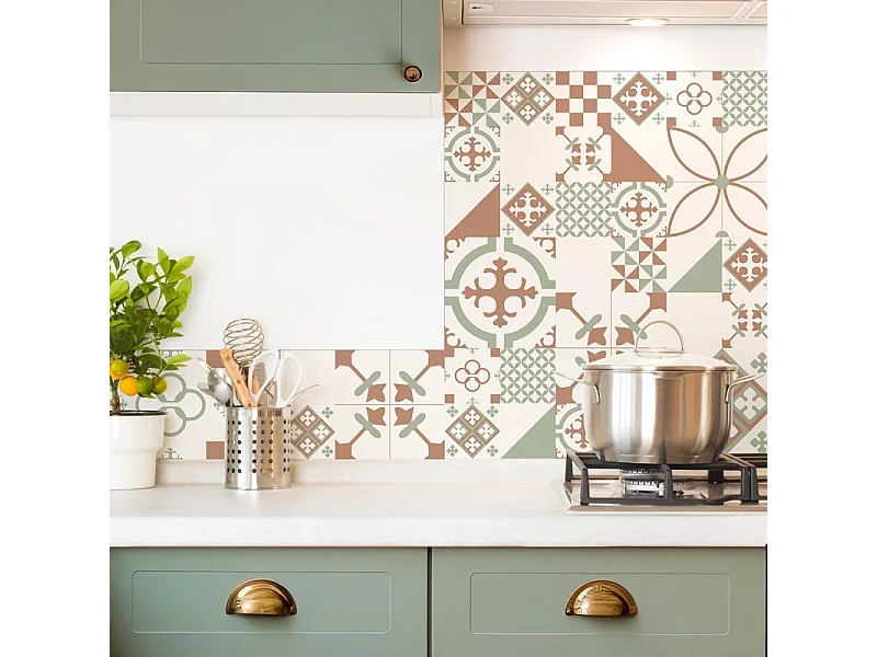 Crédence cuisine en aluminium - effet carreaux de ciment vert terracotta - 200x20 cm (en 2 bandeaux)