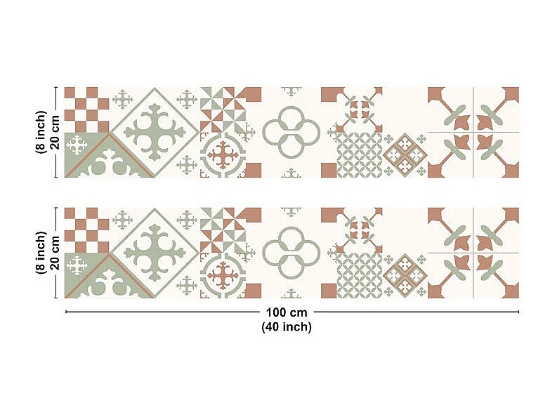 Crédence cuisine en aluminium - effet carreaux de ciment vert terracotta - 200x20 cm (en 2 bandeaux)