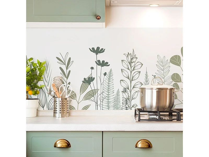 Crédence cuisine en aluminium - floral vert sauge - 240x50 cm (en 2 bandeaux)