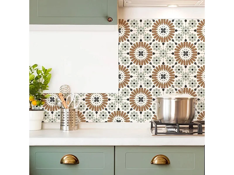 Crédence cuisine en aluminium - effet carreaux de ciment marron et vert - 270x20 cm (en 3 bandeaux)