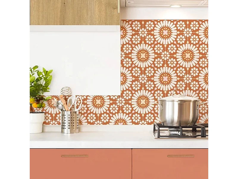 Crédence cuisine en aluminium - effet carreaux de ciment orange - 270x20 cm (en 3 bandeaux)