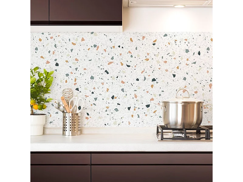 Crédence cuisine en aluminium - motif terrazzo blanc - 360x50 cm (en 3 bandeaux)
