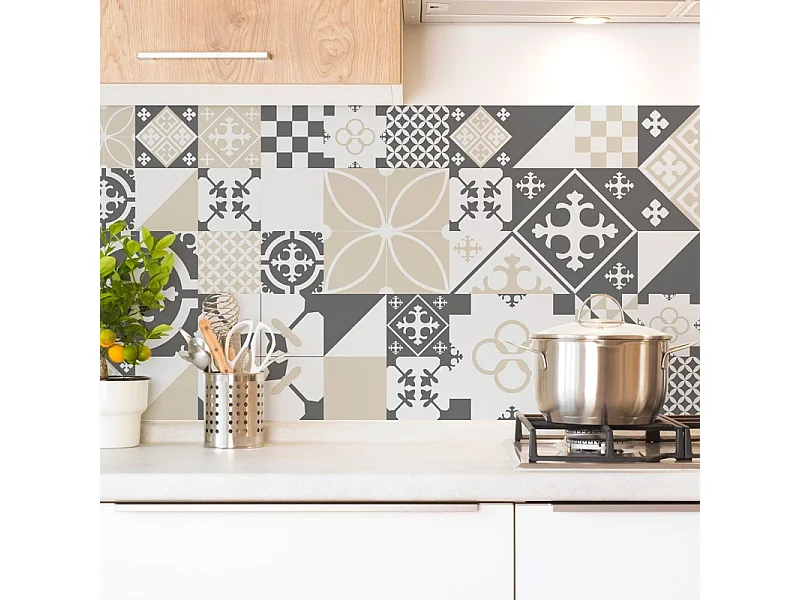 Crédence cuisine en aluminium - effet carreaux de ciment gris - 360x50 cm (en 3 bandeaux)