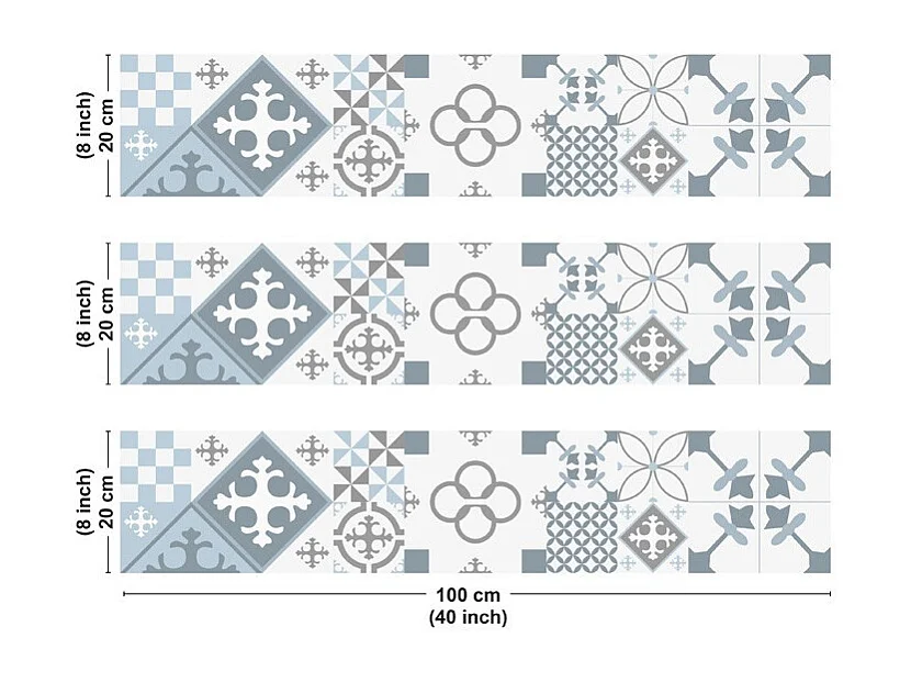 Crédence cuisine en aluminium - effet carreaux de ciment bleu - 300x20 cm (en 3 bandeaux)