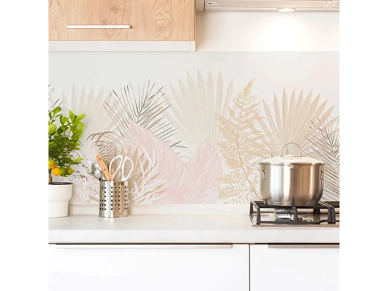 Crédence cuisine en aluminium - floral beige et blanc - 360x50 cm (en 3 bandeaux)