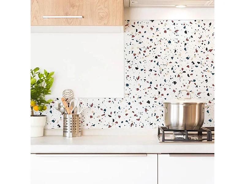 Fond de hotte en aluminium - motif terrazzo blanc  - 70x90 cm