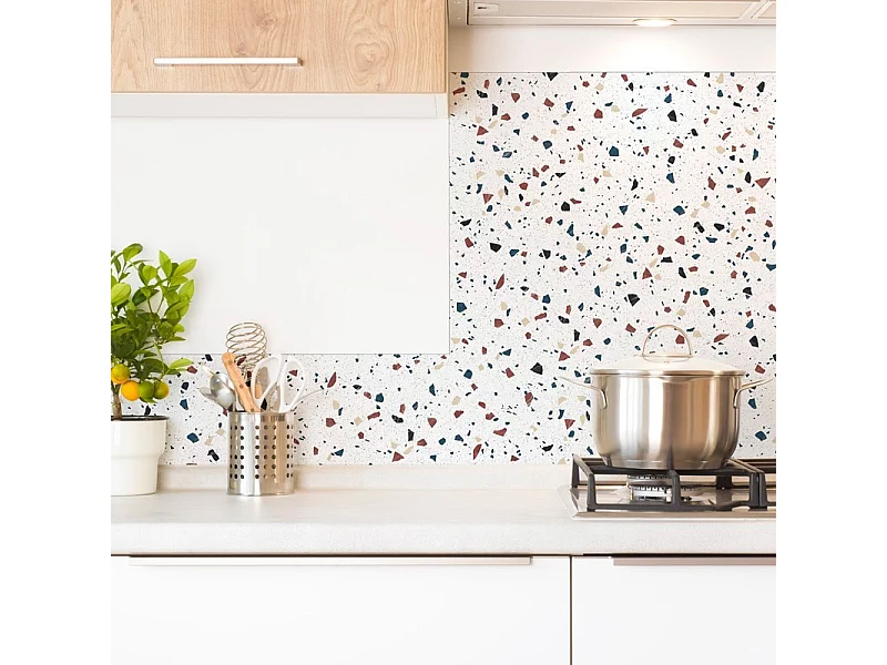 Fond de hotte en aluminium - motif terrazzo blanc  - 70x60 cm