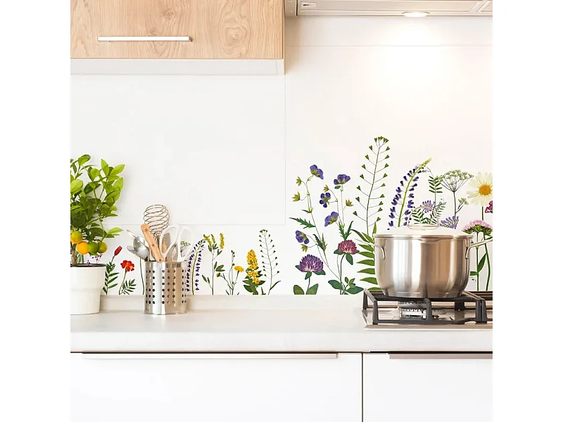 Fond de hotte en aluminium - motif floral vert, violet, jaune et rouge - 70x90 cm