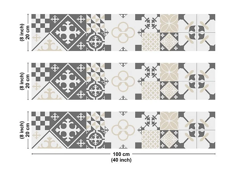 Crédence cuisine en aluminium - effet carreaux de ciment gris - 300x20 cm (en 3 bandeaux)