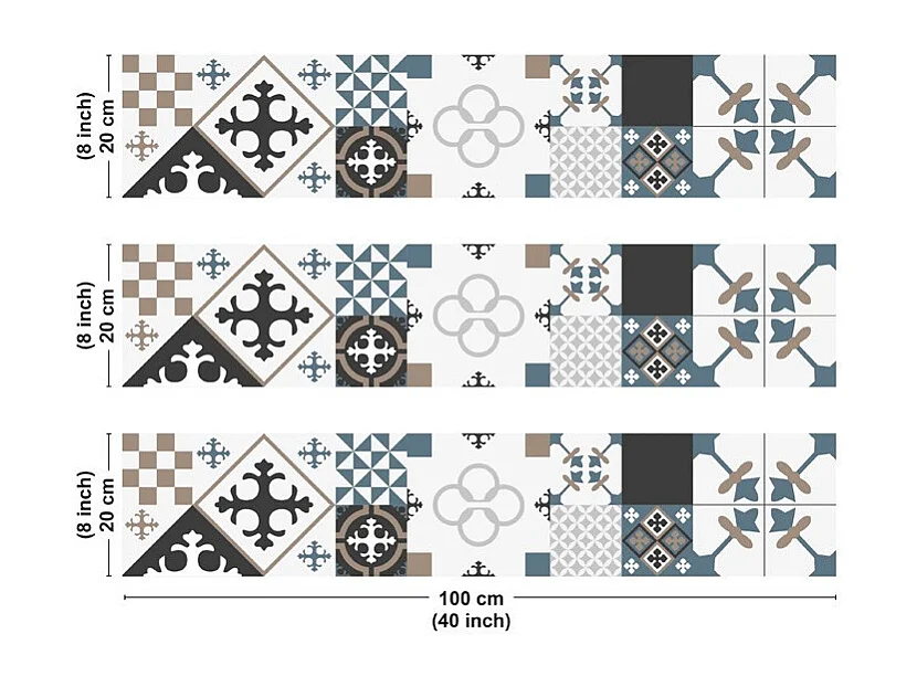 Crédence cuisine en aluminium - effet carreaux de ciment dulce - 300x20 cm (en 3 bandeaux)