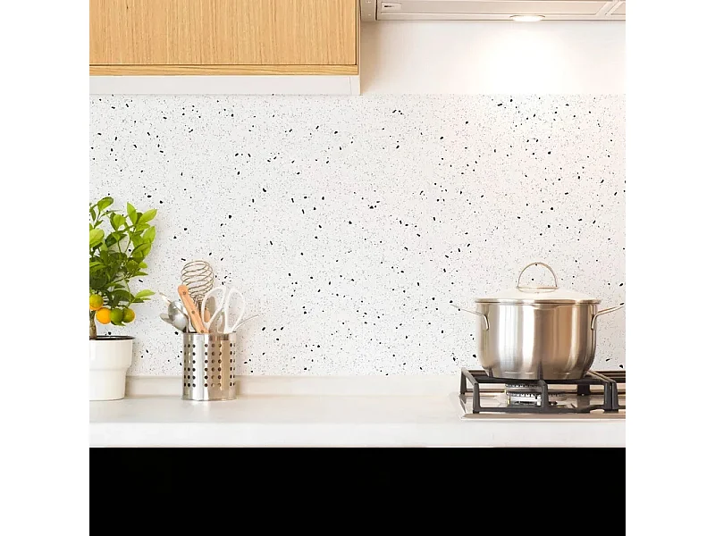 Crédence cuisine en aluminium - motif terrazzo blanc et noir - 360x50 cm (en 3 bandeaux)