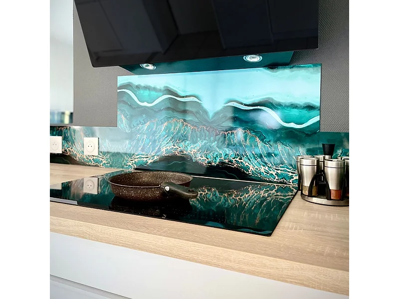 Crédence cuisine en aluminium - effet marbre bleu - 300x20 cm (en 3 bandeaux)