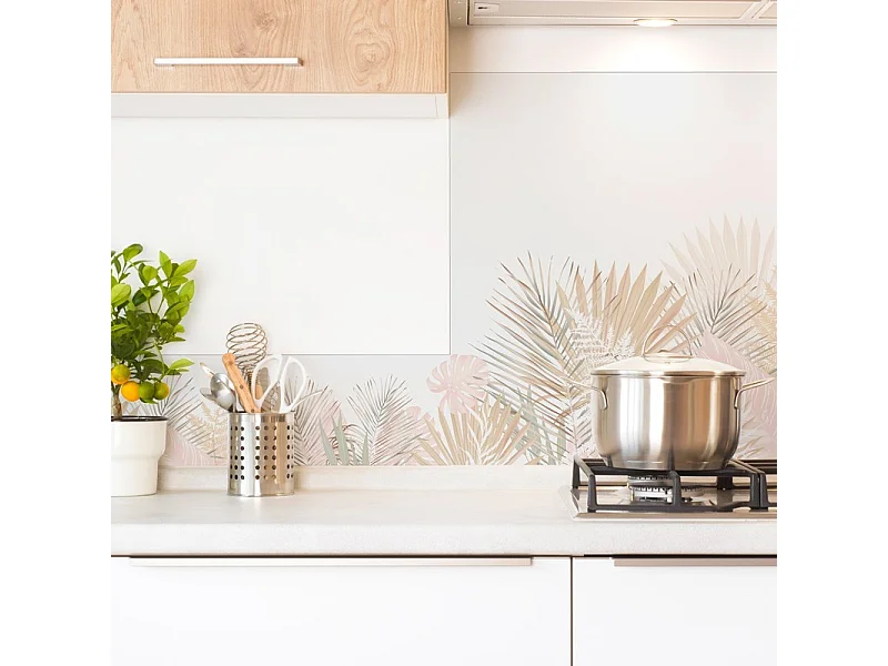 Crédence cuisine en aluminium - floral beige et blanc - 300x20 cm (en 3 bandeaux)