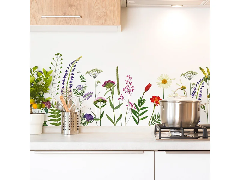 Crédence cuisine en aluminium - motif floral vert, violet, jaune et rouge - 240x50 cm (en 2 bandeaux)