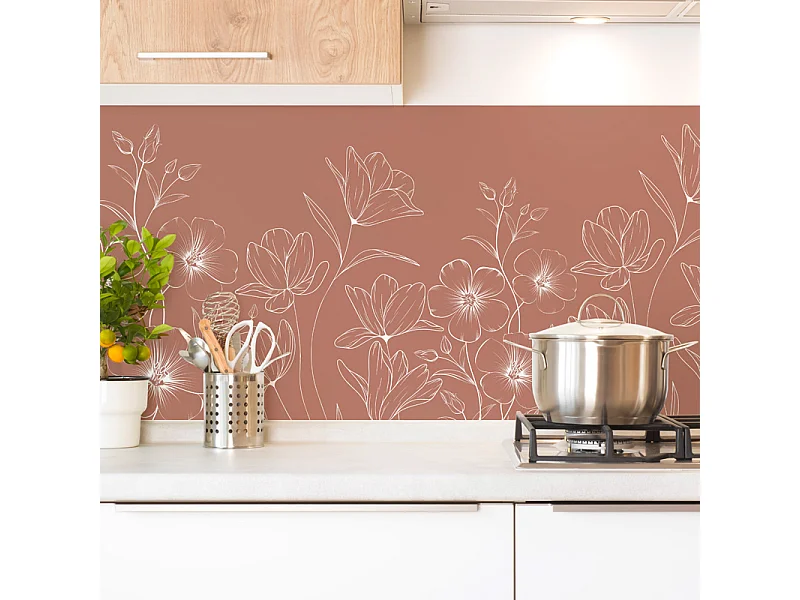 Crédence cuisine en aluminium - motif floral terracotta et blanc - 240x50 cm (en 2 bandeaux)