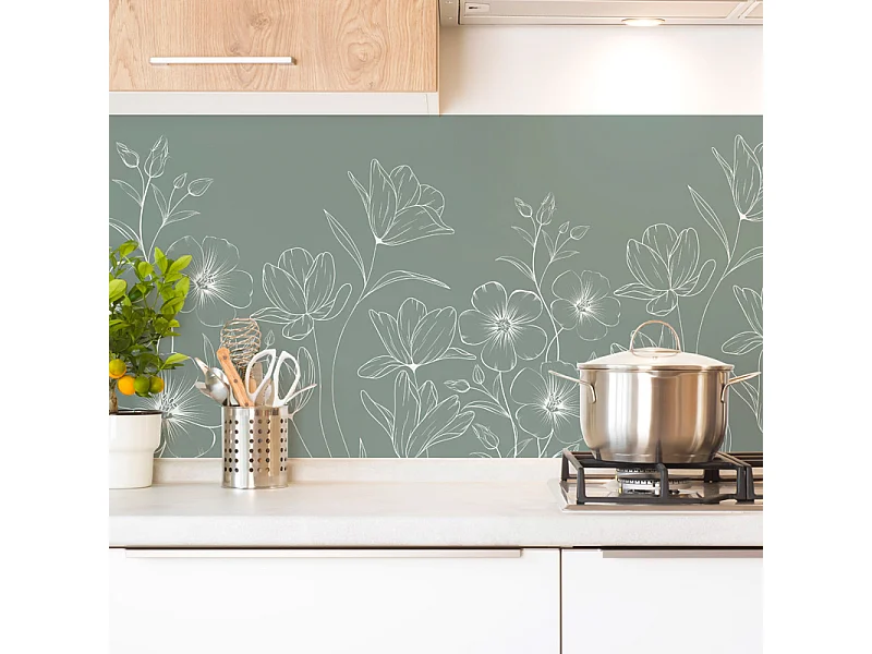 Crédence cuisine en aluminium - motif floral vert et blanc - 360x50 cm (en 3 bandeaux)