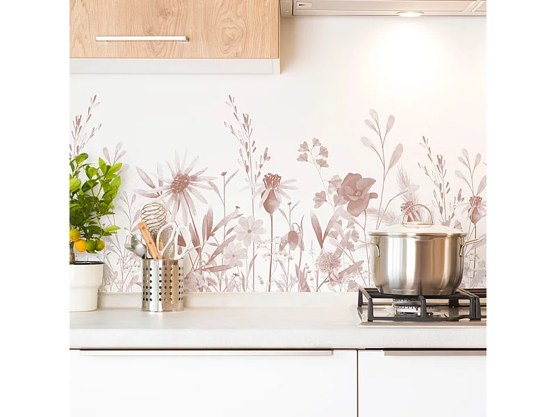 Crédence cuisine en aluminium - motif floral ocre - 240x50 cm (en 2 bandeaux)