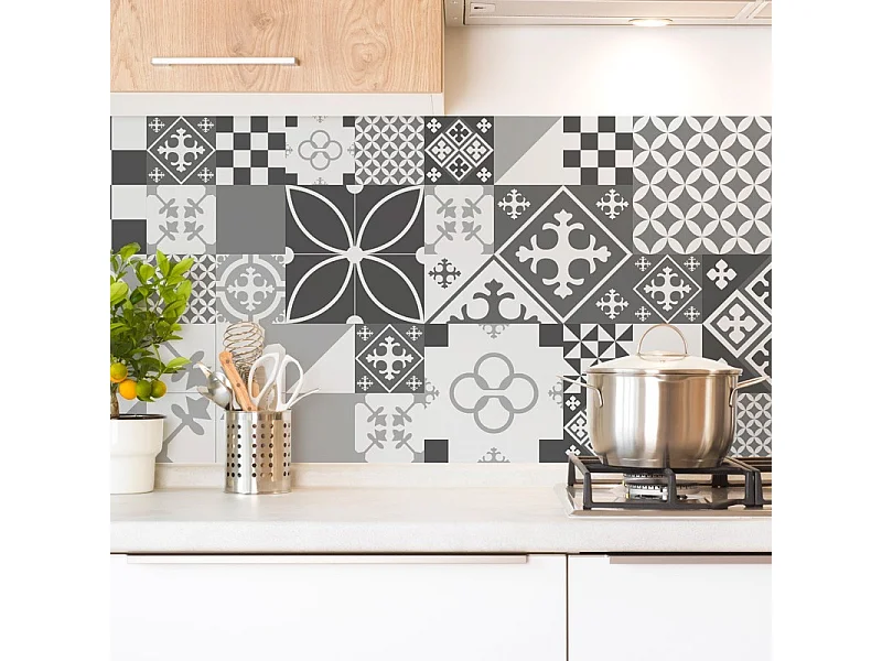 Crédence cuisine en aluminium - effet carreaux de ciment gris - 240x50 cm (en 2 bandeaux)