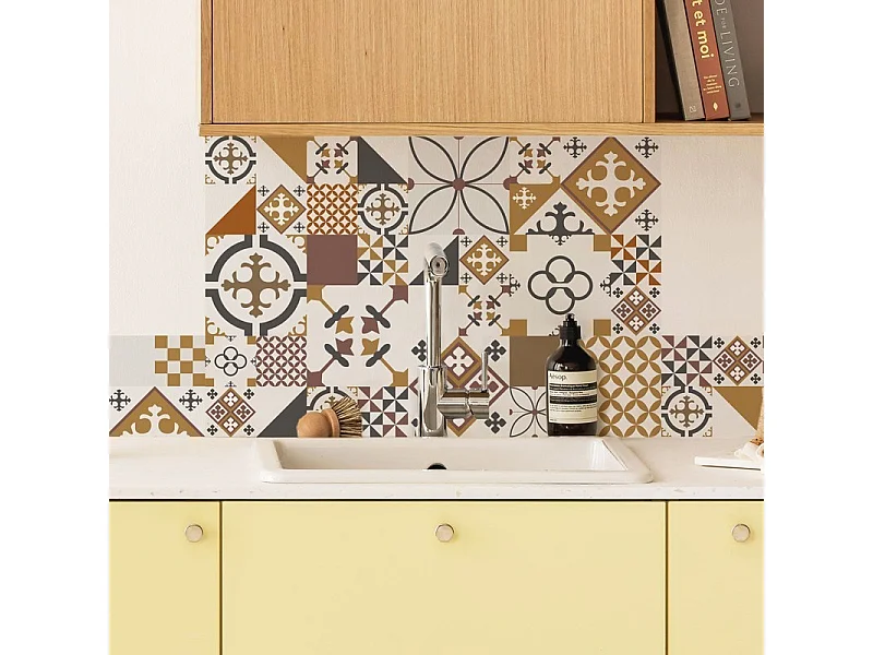 Crédence cuisine en aluminium - effet carreaux de ciment orange - 300x20 cm (en 3 bandeaux)